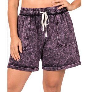 NWOT Zenana Blackberry Mineral Wash Drawstring Cuffed Shorts Sizes 1X-3X Pockets